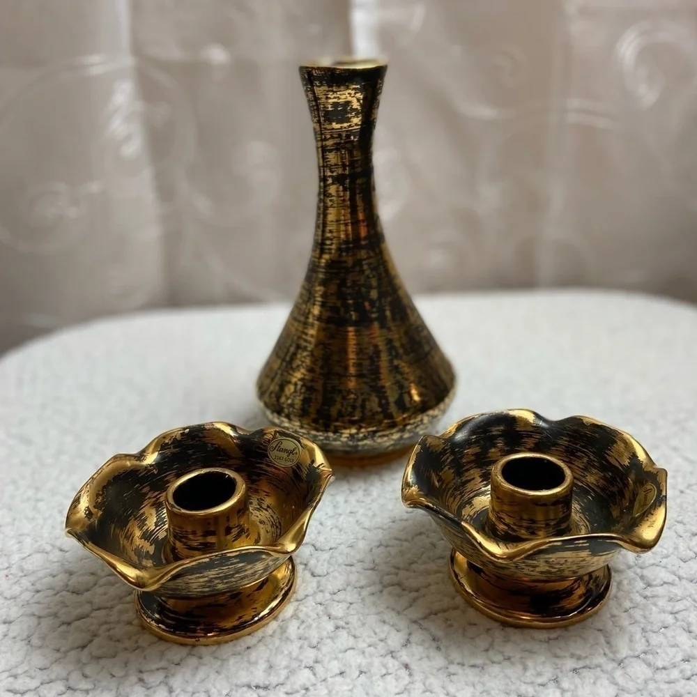 Vintage Stangl 22k Black Gold Vase/2 Candle Holders